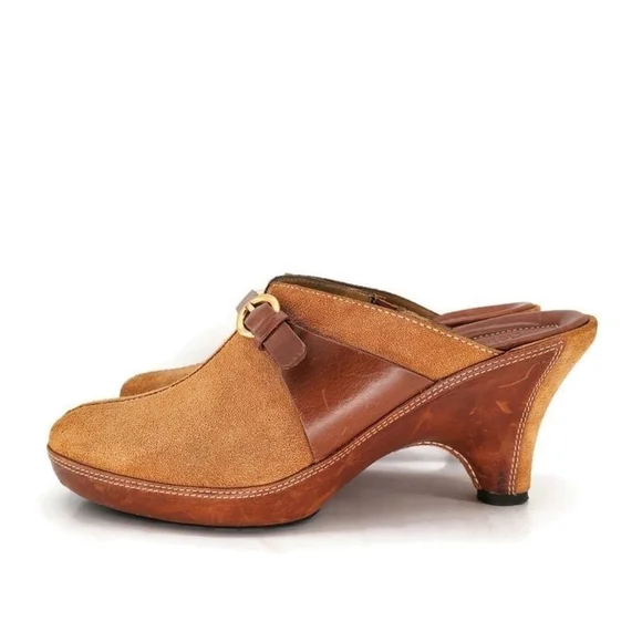 Cole Haan Tan Suede & Brown Leather Gold Buckle Strap Slide-On Mid Heel Mules - Picture 4 of 15